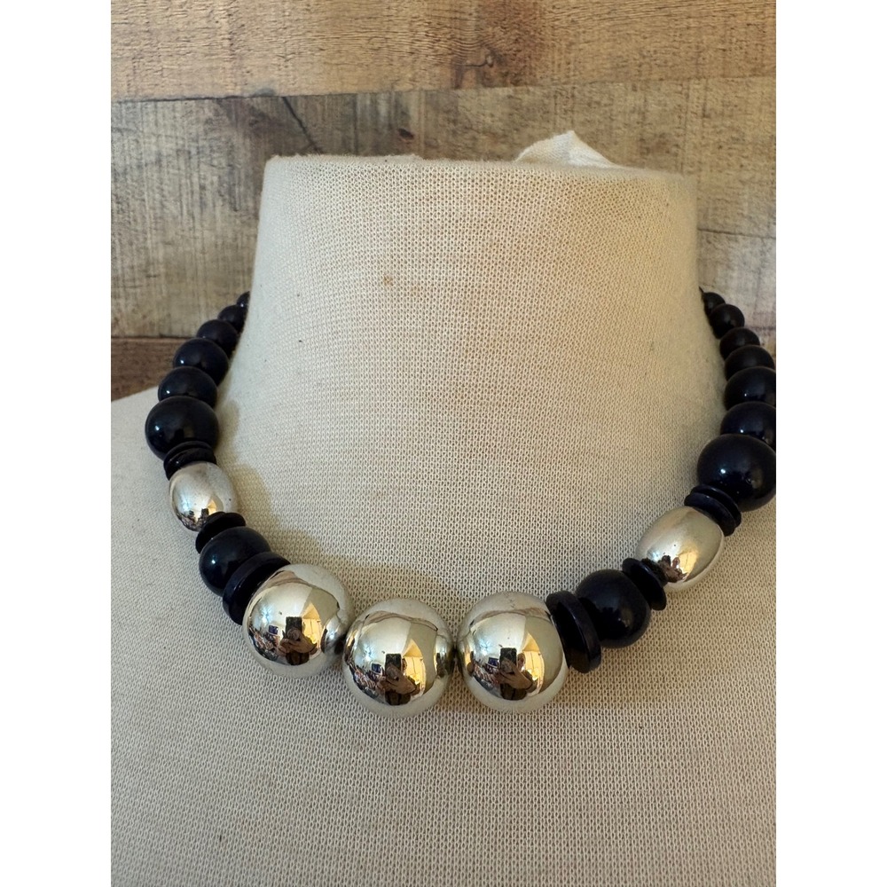 Vintage Style Black and Silver Beaded Statement Necklace Graduated Orb